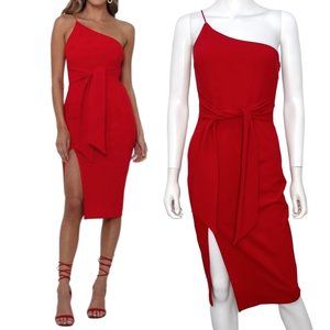 Hello Molly Not Like Other Girls Tie Waist Thigh Slit Knee Length Dress in Red